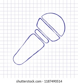 Hands microphone icon. Hand drawn picture on paper sheet. Blue ink, outline sketch style. Doodle on checkered background