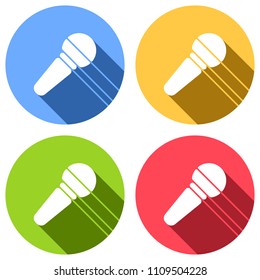 Hands microphone icon. Set of white icons with long shadow on blue, orange, green and red colored circles. Sticker style