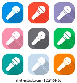 Hands microphone icon. Set of white icons on colored squares for applications. Seamless and pattern for poster