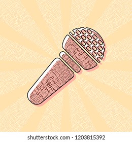 Hands microphone icon. Vintage retro typography with offset printing effect. Dots poster with comics pop art background