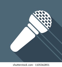 Hands microphone icon. White flat icon with long shadow on background