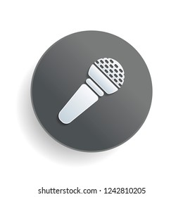 Hands microphone icon. White paper symbol on gray round button or badge with shadow