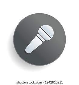 Hands microphone icon. White paper symbol on gray round button or badge with shadow