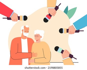 Hands With Microphones Around Happy Elderly Couple. Reporters Or Journalists Asking Old People Questions Flat Vector Illustration. Interview, Survey, Age Concept For Banner Or Landing Web Page