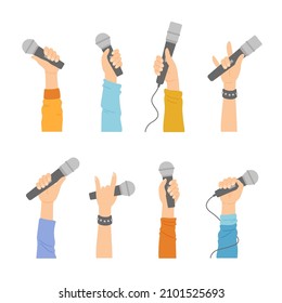 Hands with microphones, human palms holding mics, singer show rock gesture, karaoke bar recreation, journalist interview, music concert isolated design elements, Cartoon vector illustration, set