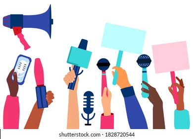 Hands with microphones and recorders are taking interview. Press release concept.Breaking news and public relations. Digital marketing for business. Journalism and Broadcasting.Online communication.