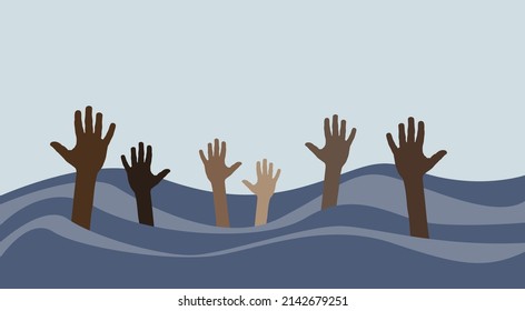 Hands Of Migrants Emerging From The Waves Of The Sea Asking For Help. Shipwreck At Sea, Illegal Immigration. Vector Illustration