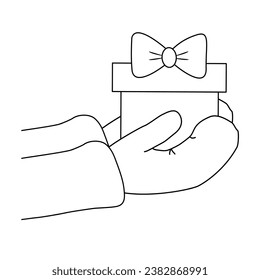 Manos en la caja de regalo de la mano con arco, estilo doodle contorno vectorial plano para el libro de colorear