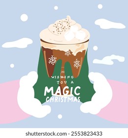 Hands in mittens hold a cup with a hot drink, coffee and cacao with marshmallows. Cozy winter concept. Warm coffee for cold weather. Vector flat cartoon Christmas illustration