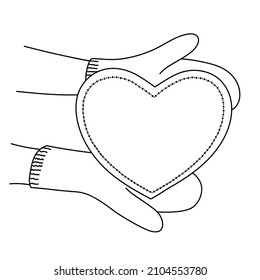 Hands in mittens hold gift card with heart-shaped. Gifts for Valentine's Day, Mother's Day, Birthday. Romantic date, wedding anniversary. Declaration of love. Offer of marriage. Sketch, linear drawing