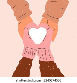 Hands in mittens hold a heart made of snow. Love, Valentine's Day.