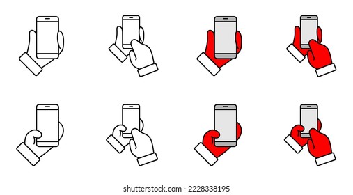 Manos en mitones sostienen el teléfono móvil. Guantes de invierno y smartphone de Santa Claus. Venta de Navidad. Compras de Año Nuevo. Conjunto de iconos de contorno y color (vector de línea delgada). Estroques editables. 64 x 64 píxeles