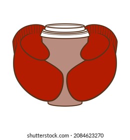 Hands in mittens hold a paper coffee cup with a lid. Vector illustration isolated on white background
