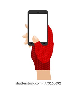 Hands in mittens hold phone. Winter gloves and gadget. Vector illustration
