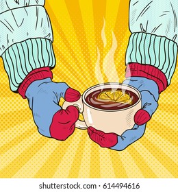 Hands in Mittens Holding Mug with Hot Tea. Winter Season. Pop Art retro Vector illustration