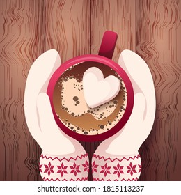 Hands in mittens with mug on the wooden background. Vector illustration for poster, banner, card, cover, postcard.