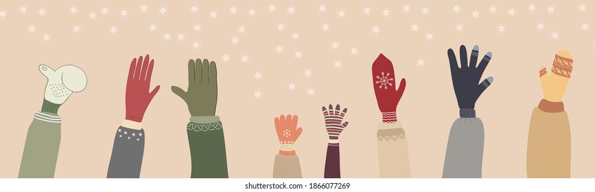 Hands in mittens on the background of falling snowflakes. Collection of individual vector illustrations of hands wearing gloves in winter. Winter set of elements for web design.