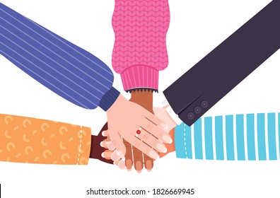 hands of mix race group of women putting together female empowerment movement girl power union of feminists concept horizontal vector illustration