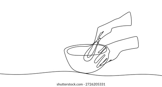 Die Hände mischen den Teig zum Backen. (Einzelne, durchgehende Linienkunst-Illustration) Linienzeichnungsvektor