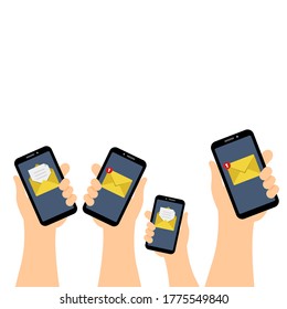 Hands with mobil phones. Human hands holding smartphones with messages, important information, opened and closed envelopes. Flat cartoon style vector illustration