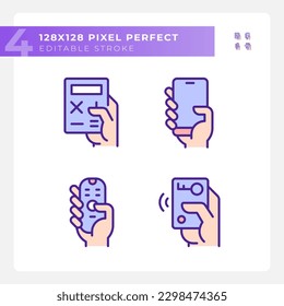 Hands with mobile devices pixel perfect RGB color icons set. Appliances for control and communication. Isolated vector illustrations. Simple filled line drawings collection. Editable stroke