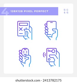 Manos con dispositivos móviles píxeles gradiente perfecto juego de iconos vectoriales lineales. Aparatos de control y comunicación. El símbolo de contorno delgado diseña el paquete. Colección de ilustraciones de esquema aisladas