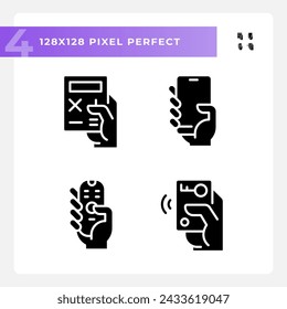 Hands with mobile devices pixel perfect black glyph icons set on white space. Appliances for control and communication. Silhouette symbols. Solid pictogram pack. Vector isolated illustration