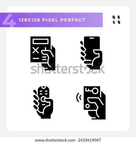 Hands with mobile devices pixel perfect black glyph icons set on white space. Appliances for control and communication. Silhouette symbols. Solid pictogram pack. Vector isolated illustration