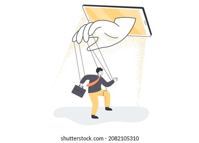 Hands from mobile phone controlling tiny businessman puppet. Persuasive control and manipulation of online news in social media for man with briefcase flat vector illustration. Propaganda concept