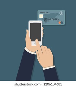 Hands and Mobile phone Dialing Customer contact Social Media Online Business illustration.Smartphone credit cards Shopping black friday online Via credit card Startup business Work anywhere trade 