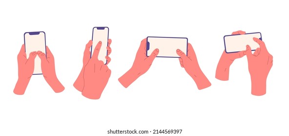 Hands with mobile phone, human hand holding smartphone. Human hands touching cellphone screens vector symbols illustrations set. Touch screen device in hands