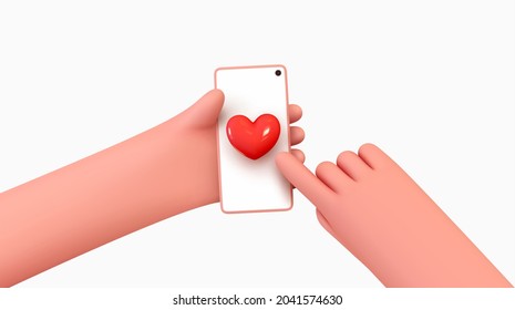 In hands of mobile phone, icons like red heart, approval social networks. Social media creative idea 3d concept with realistic design. People Holding Smartphone. Vector illustration