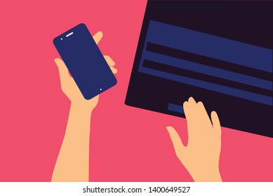 hands with mobile phone on laptop keyboard. colorful vector illustration