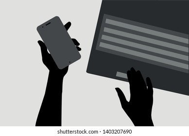hands with mobile phone on laptop keyboard. black and white vector illustration