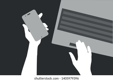 hands with mobile phone on laptop keyboard. black and white vector illustration