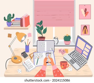 Hands with a mobile phone over the table. On the table are notebooks, a textbook, a laptop. The student is doing homework and is distracted by the phone. Vector isolated flat illustration.