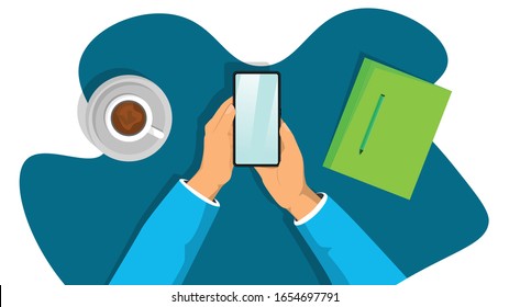 Hands with mobile phone. Social media artwork. Digital. Internet. Vector illustration concept. Phone in man hands. Handbook. coffee. World wide web.