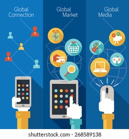 Hands with Mobile Phone Tablet connect Global, Social Network Concept, Media, Business Marketing 