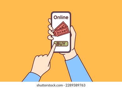 Hands with mobile phone using applications to buy tickets for football match or concert of musical group. Smartphone with website selling tickets for entertainment events or educational seminars 