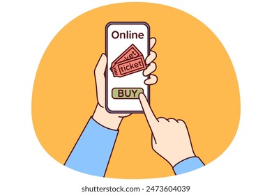 Hands with mobile phone using applications to buy tickets for football match or concert of musical group. Smartphone with website selling tickets for entertainment events or educational seminars