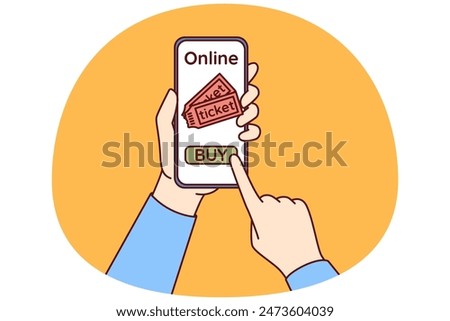 Hands with mobile phone using applications to buy tickets for football match or concert of musical group. Smartphone with website selling tickets for entertainment events or educational seminars