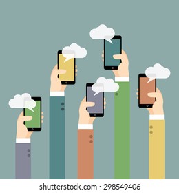 Hands with mobile phones. Illustration of Communication.  Vector illustration.
