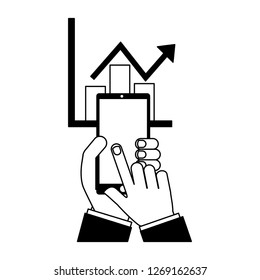 hands with mobile statistics chart report