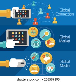 Hands with Mobile Tablet connect Global, Social Network Concept, Media, Business Marketing