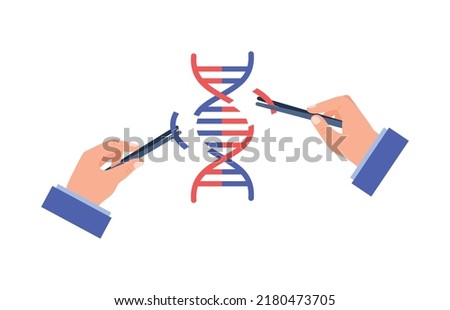 Hands modifying DNA helix with tweezers, abstract flat vector illustration isolated on white background. Genetic engineering, biotechnology and bioengineering concepts. Scientists changing DNA.