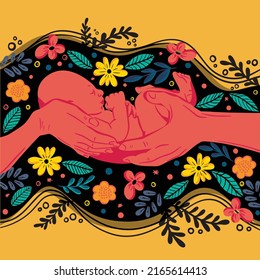 Hands of mom and dad holding a newborn baby among the flower arrangement. Concept of parenthood, new baby, newborn, motherhood and fatherhood. Happy family and new life.