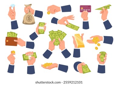 Hands with money cash. Arms hold golden coins. Currency banknotes and dollar cents. Credit card. Diamond and gold bar. Finance saving. Business budget. Cash purse