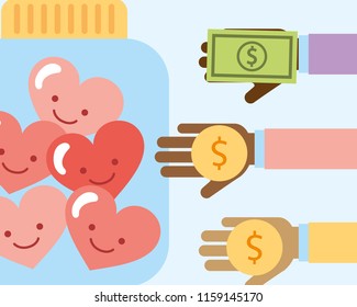 hands with money coin bill and hearts love charity