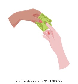 Hands with money Counting, giving, giving, receiving, squeezing and showing money. Payment for goods. Charity. Banking operations with cash. Vector illustration.