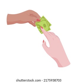 Manos con dinero Contando, dando, recibiendo, exprimiendo y mostrando dinero. Pago por mercancías. Caridad. Operaciones bancarias con efectivo. Ilustración vectorial.